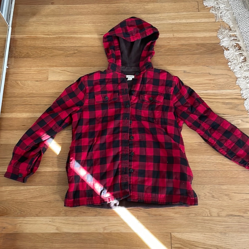 LL Bean fleece lined hooded flannel jacket